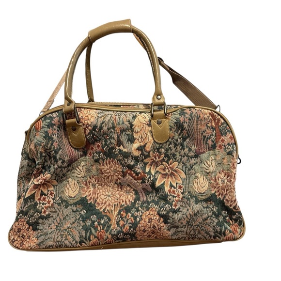 Capezio Brown and Tan Travel Bag with Vintage Tapestry Design Tan Leather Trim. - Picture 2 of 9